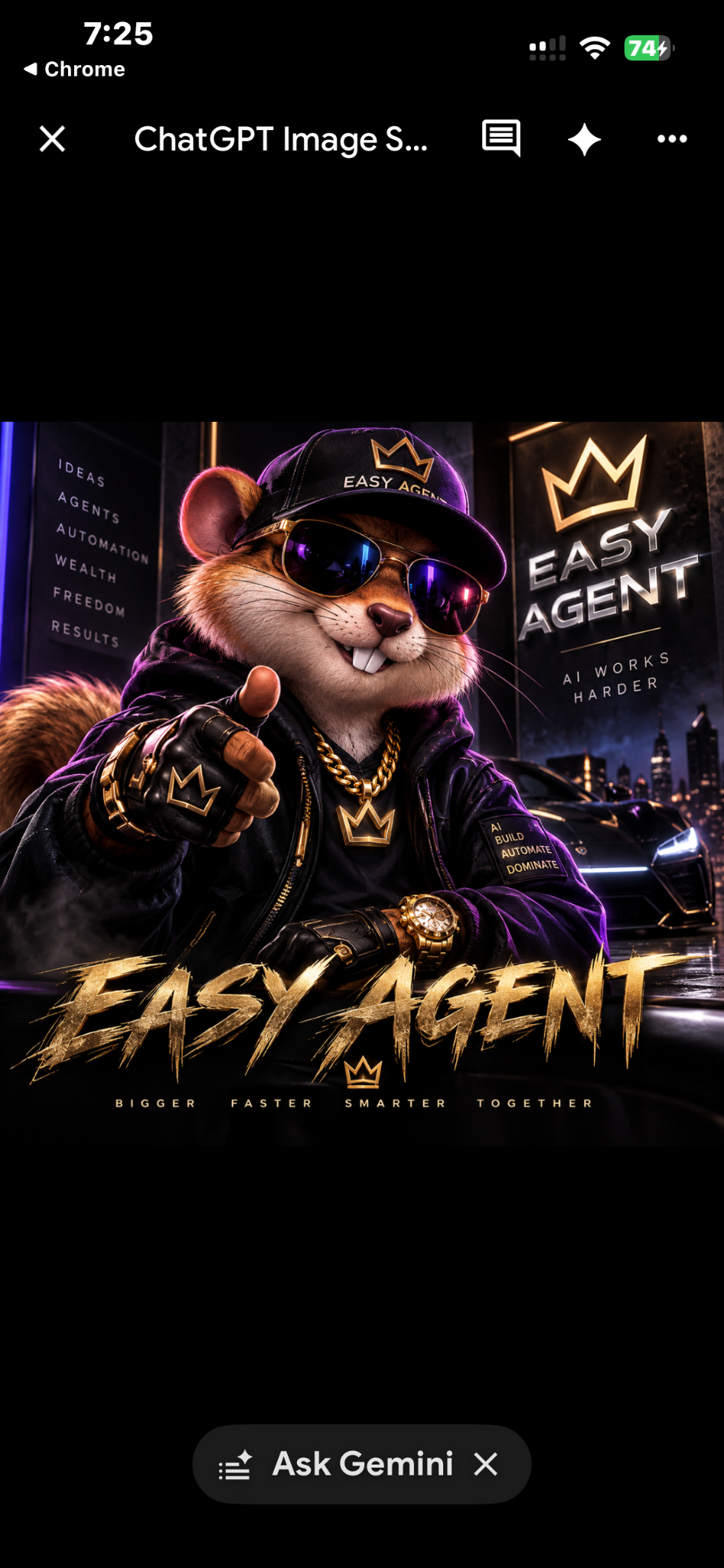 Easy Agent's crowned streetwear mascot in a gold and violet neon city